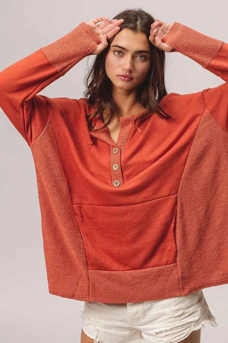 French Terry Knit Side Block Buttoned Henley Top 32b3047f8da04c8c8e3d11ec035a5581-Max-Origin