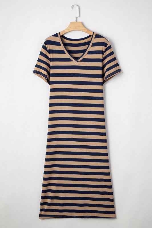 Stripe V-Neck Side Slit Maxi Dress 32b321aa-c751-4d2d-a09b-34a71fe192c0