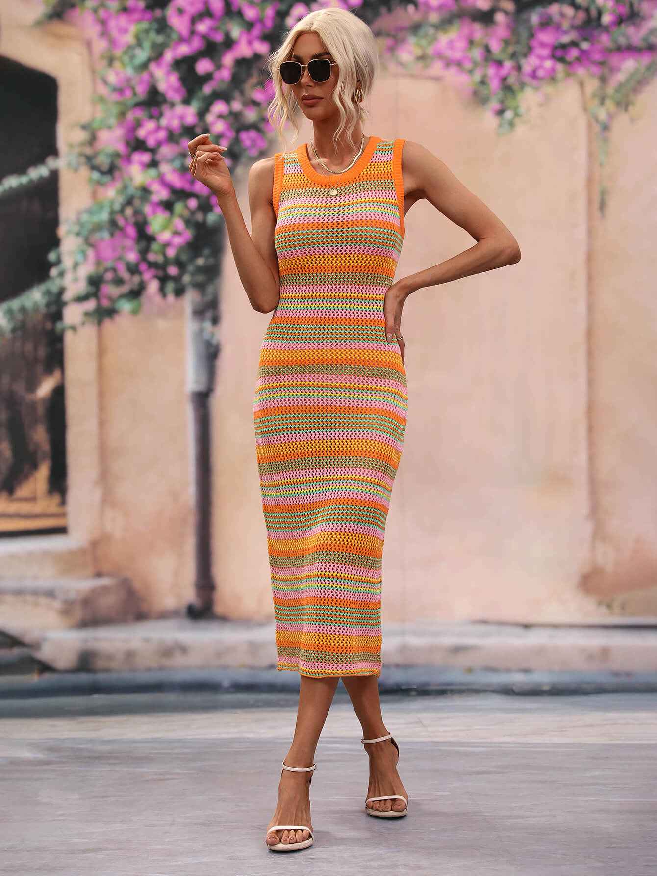 Striped Round Neck Sleeveless Midi Cover Up Dress Orange 32b444f772104103849d6c2ba9197c08-Max