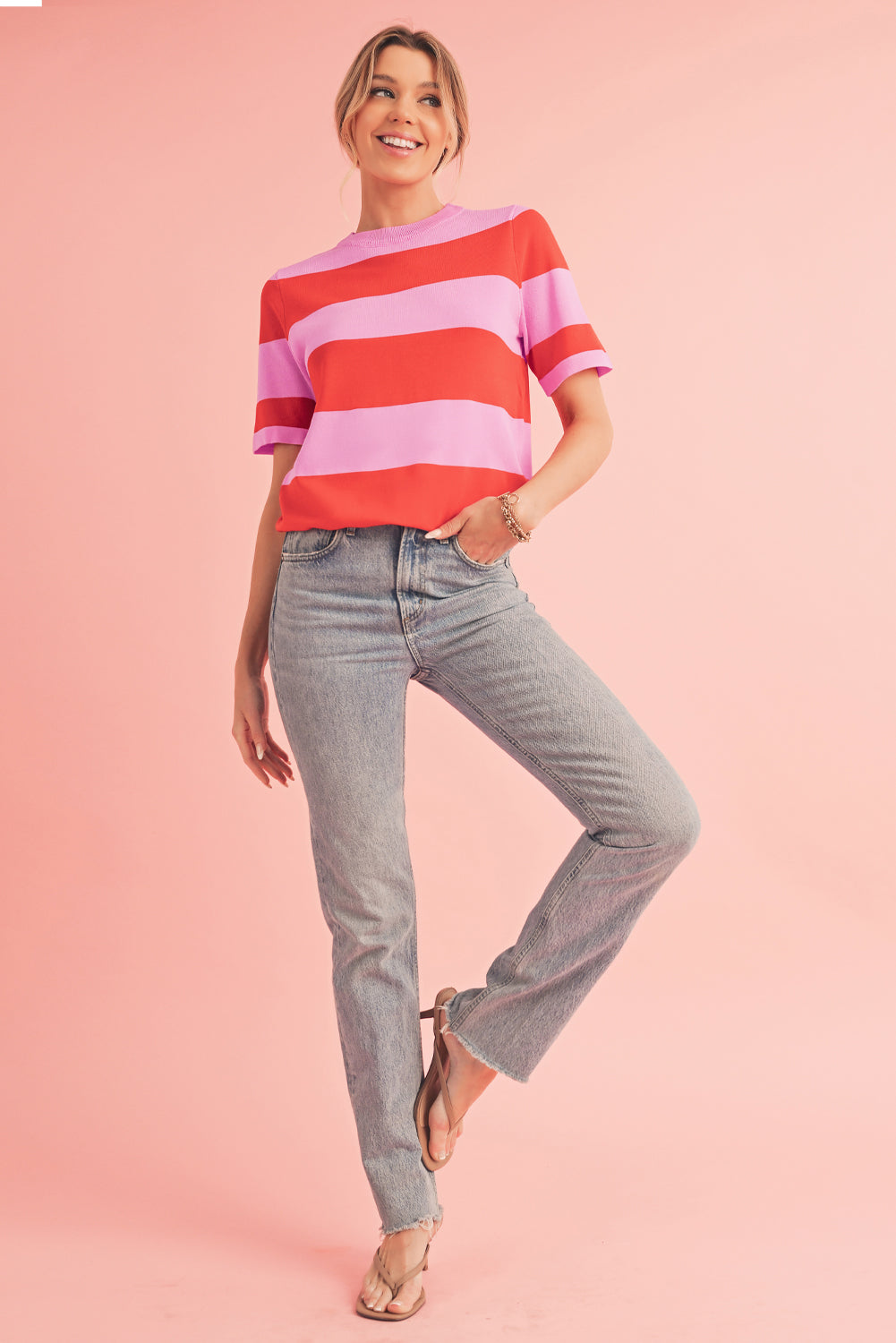 Bright Pink Colorblock Knitted Round Neck T Shirt 32b4f6368f9d9f4c