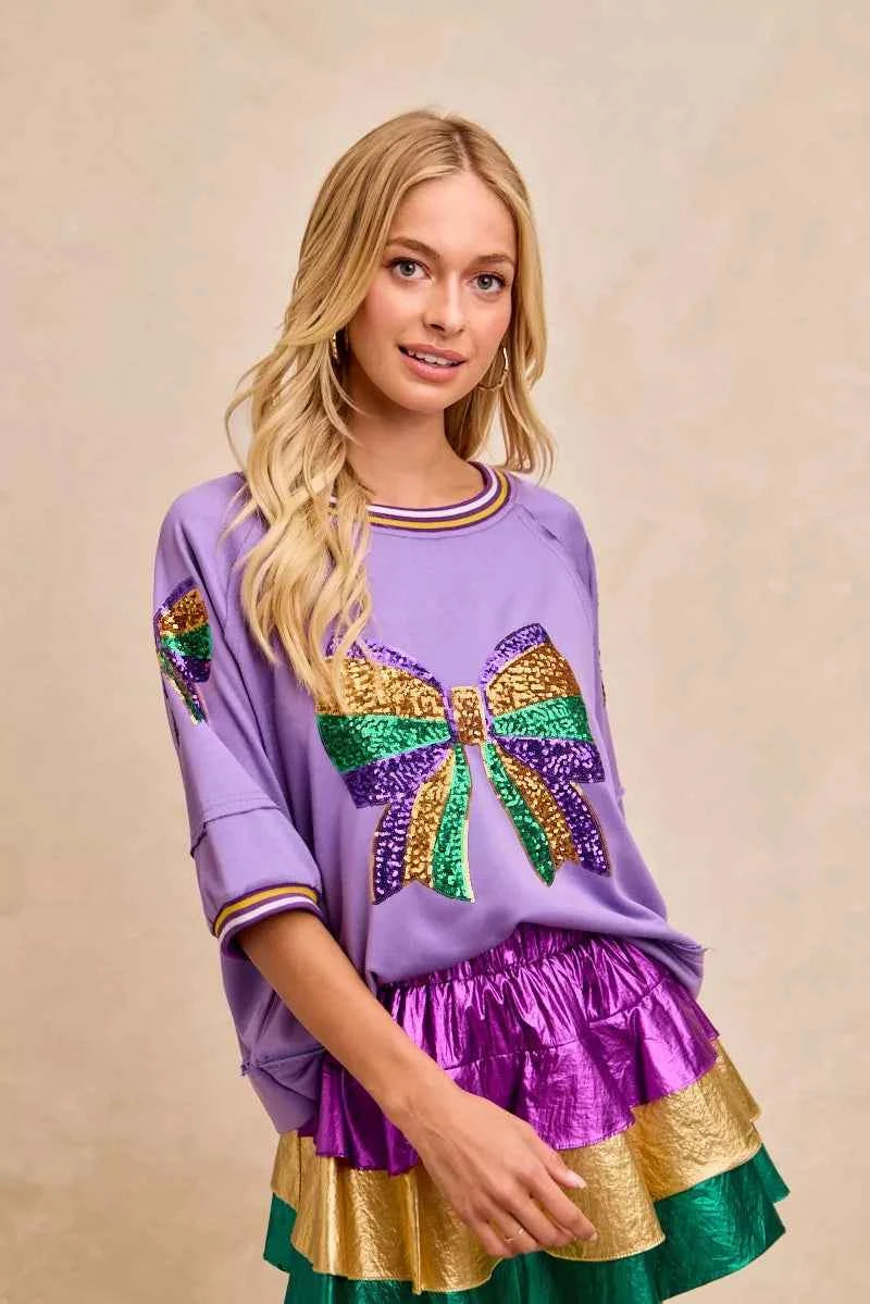 BiBi Mardi Gras Theme Ribbon Sequin Patched Top 32b681f8091543259f76d472dd3fa93b-Max-Origin