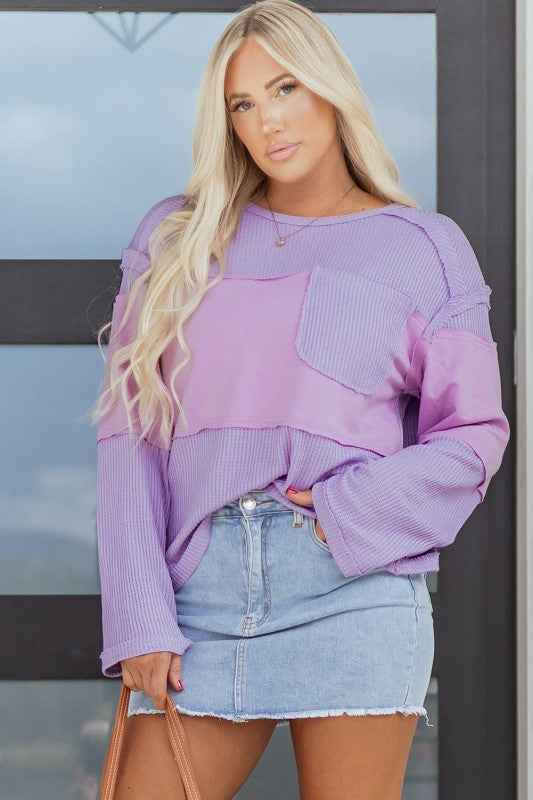 Colorblock Waffle Knit Patchwork Long Sleeve Top 32b7c7ba-f0aa-47a6-805e-a979f0e7258c