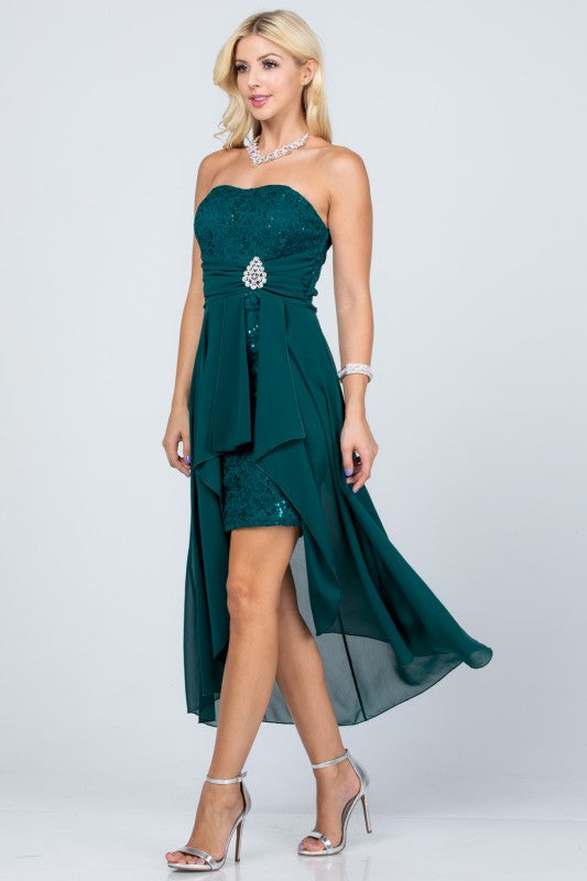 Women’s Strapless Chiffon High-Low Dress – Lace Bodice Open Back Cocktail Dress Hunter 32b9cd11-d009-484a-9e15-5e5387592b7b