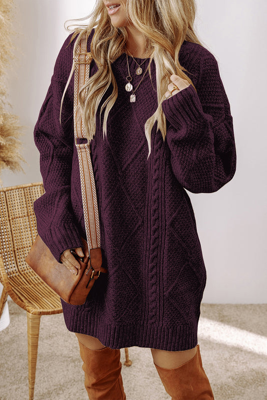 Burgundy Cable Knit Drop Shoulder Loose Fit Sweater Dress 32bd0c5b53b744eb