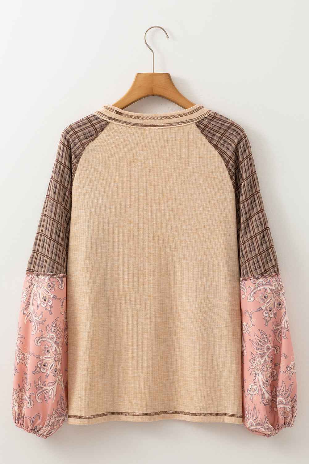 Jet Stream Floral Plaid Mixed Print Patchwork Raglan Ribbed Top 32bddc83af137192