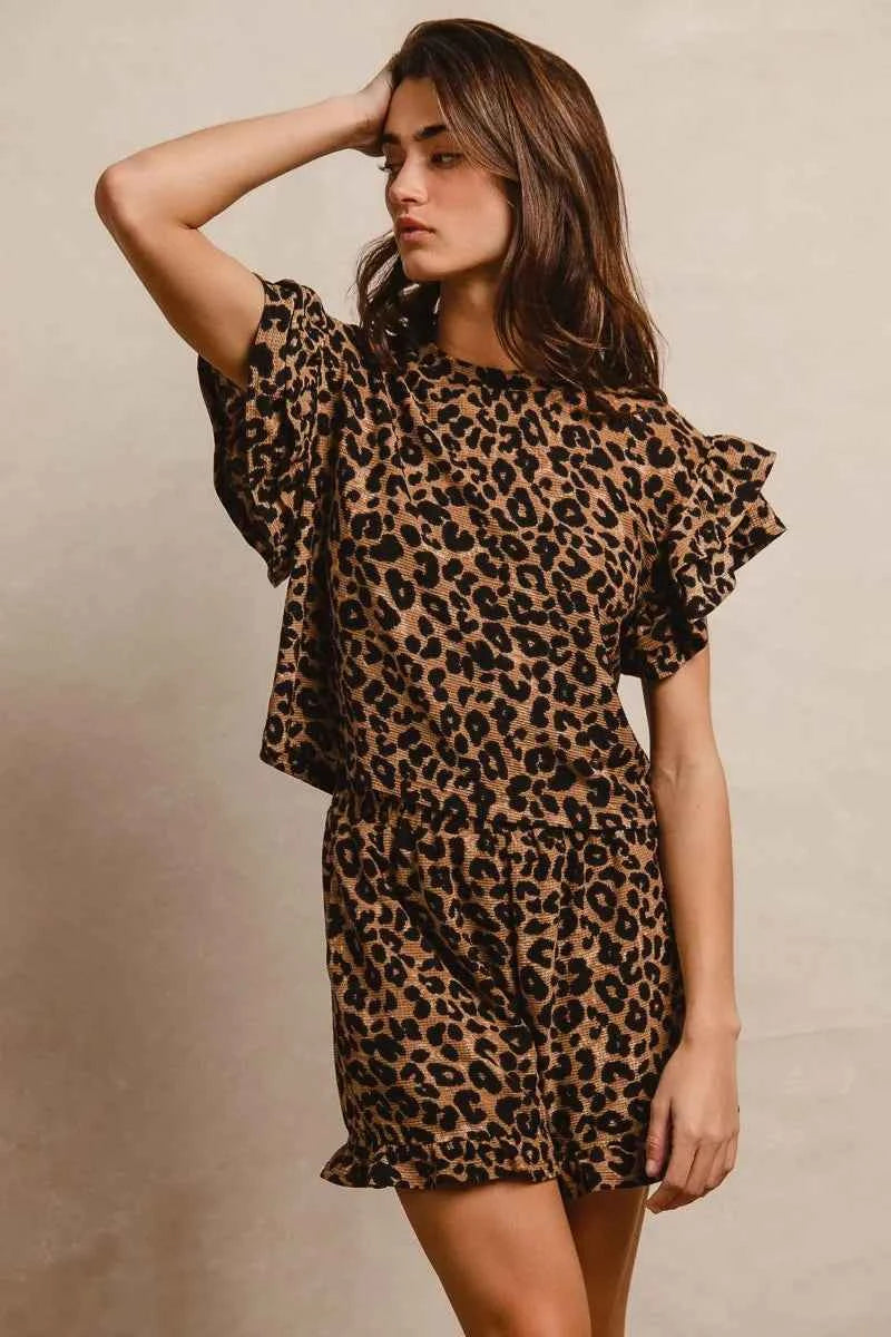 BiBi Leopard Print Waffle Texture Layered Ruffle Sleeve Top and Shorts Set 32be96e8a203402583bdecfaf047846e-Max-Origin