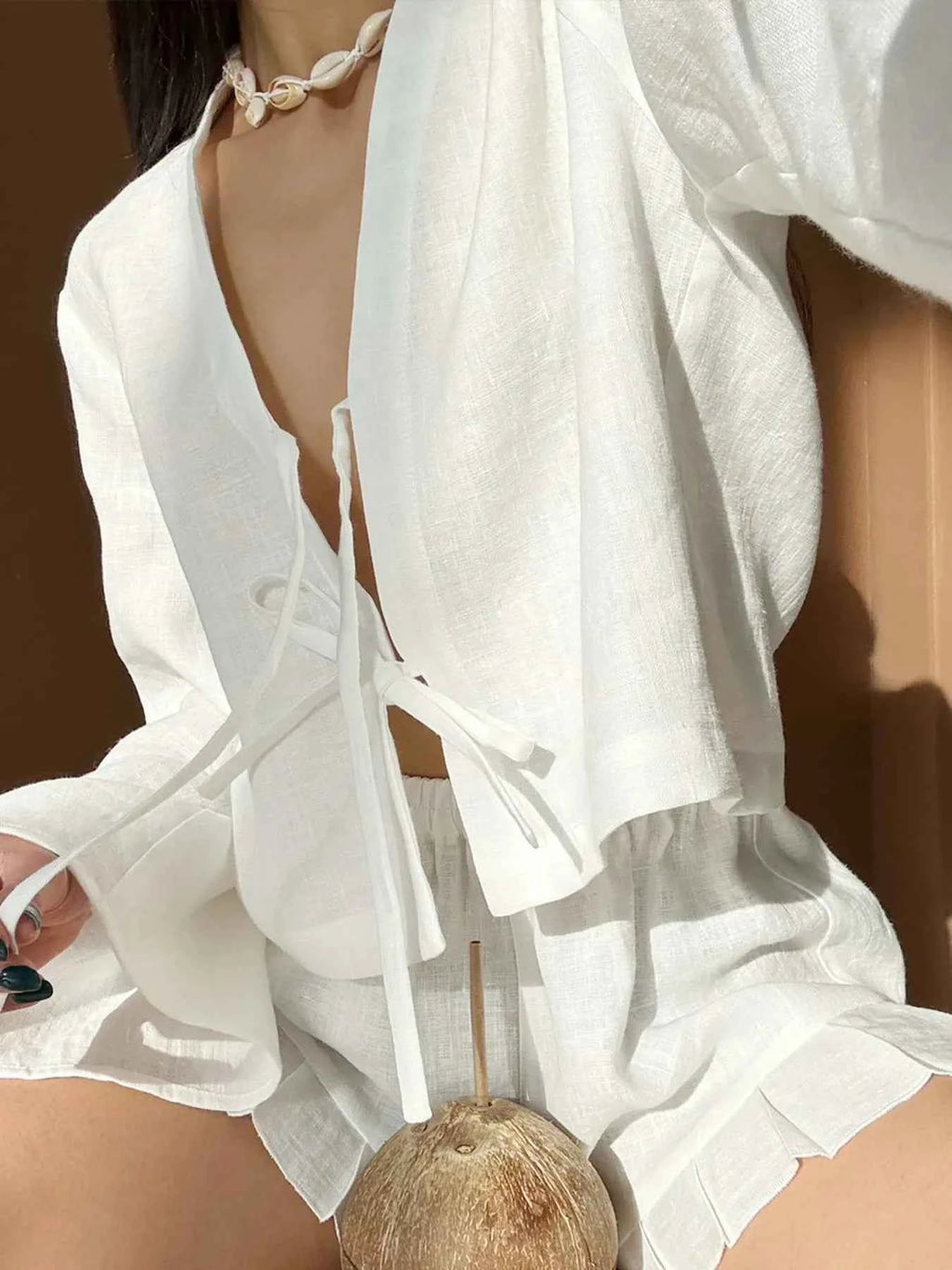 Tie Front Long Sleeve Top and Shorts Set 32bec5071d604c45a027b36820f3799d-Max-Origin