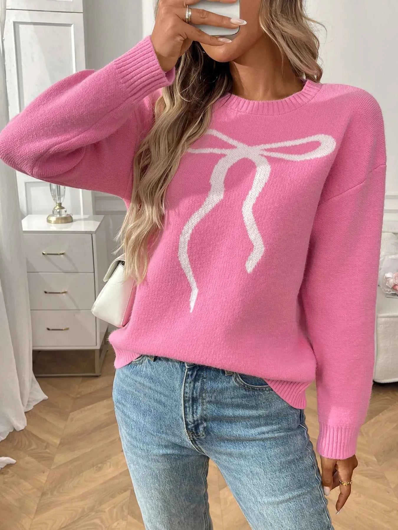 Bow Graphic Ribbed Hem Round Neck Sweater Glitter 32c0728766584ba693966021598aa954-Max-Origin