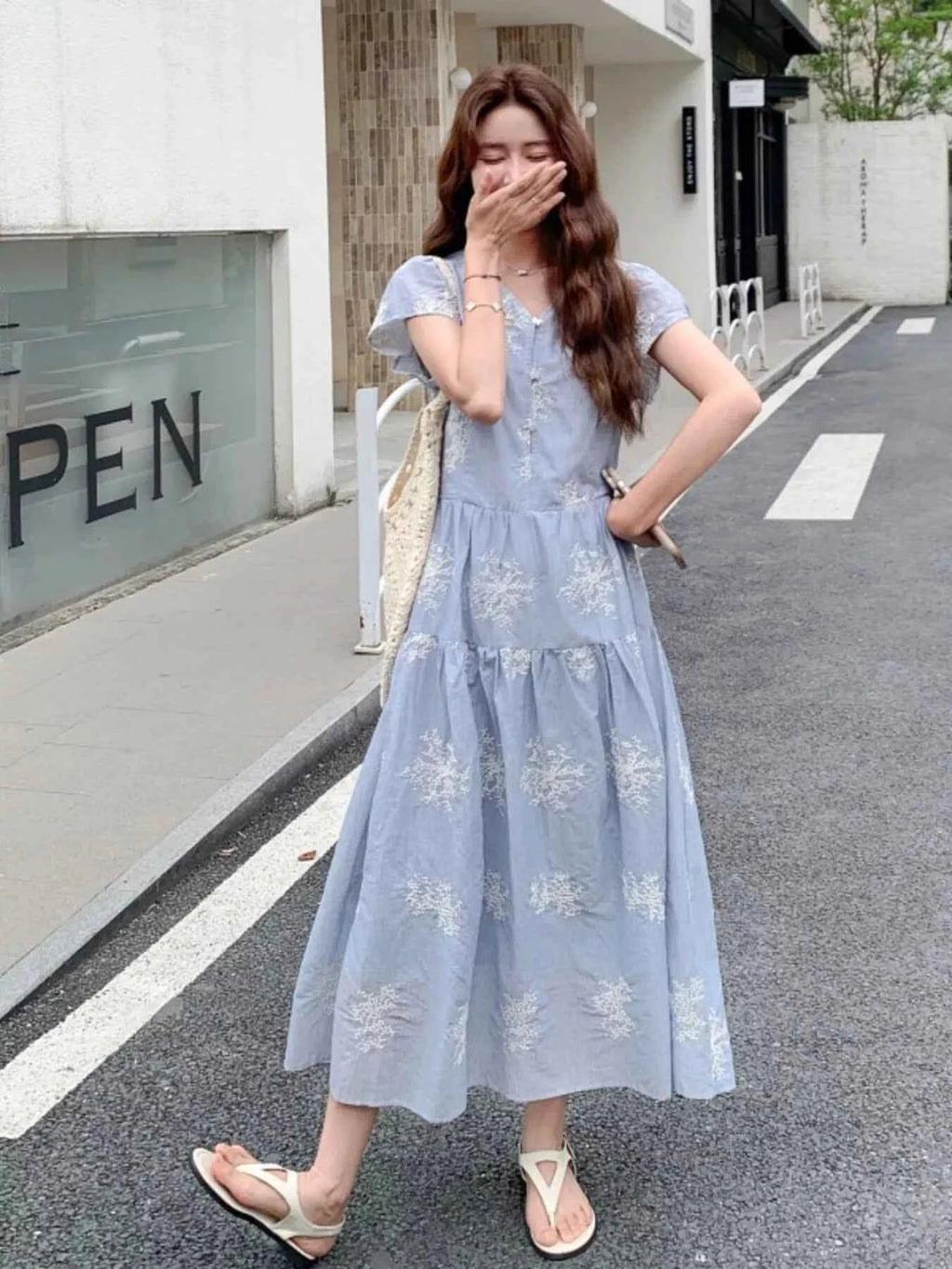 Tiered Cap Sleeve Midi Dress Blue 32c1e2b17132494b971f1cba27da3266-Max-Origin