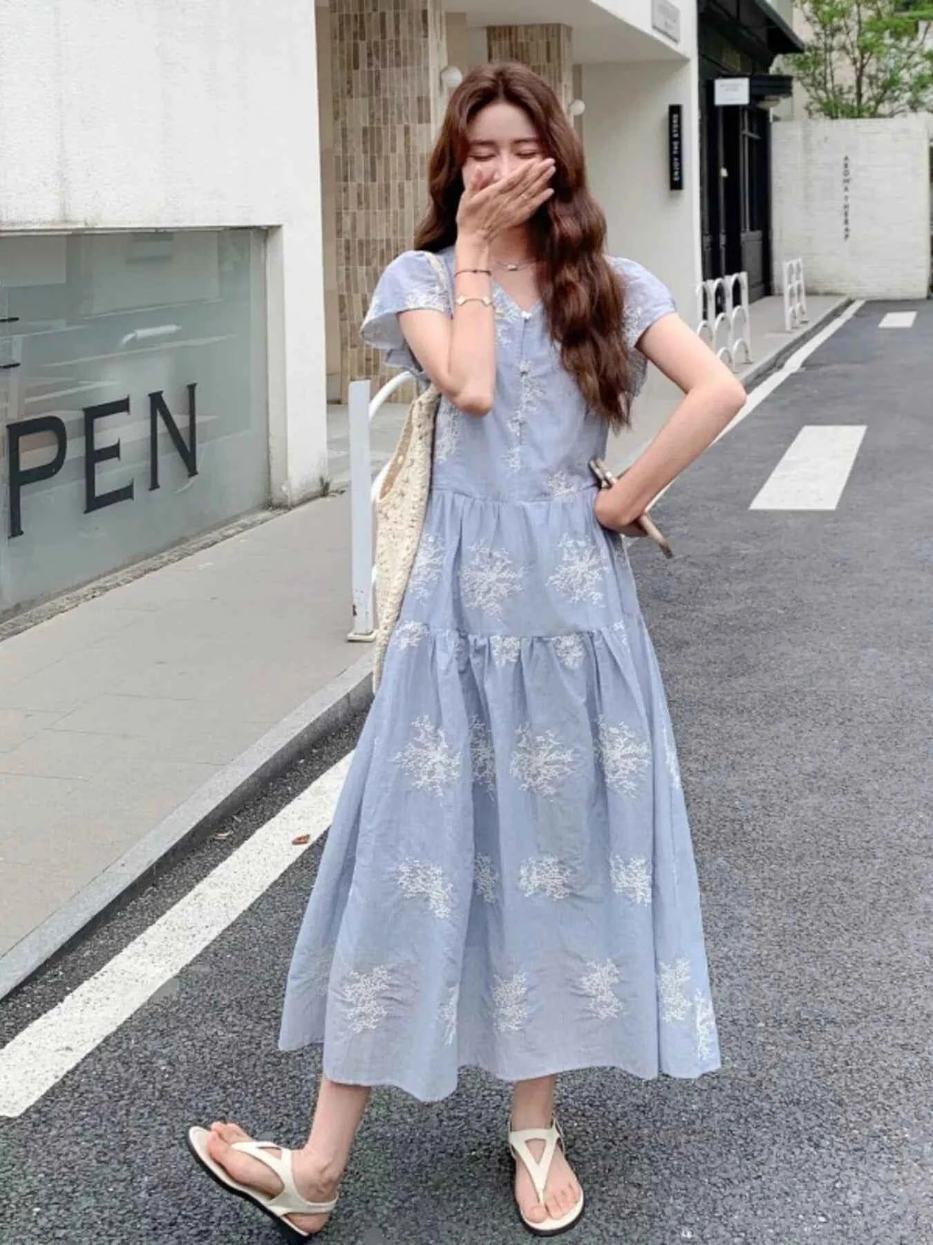 Tiered Cap Sleeve Midi Dress Blue 32c1e2b17132494b971f1cba27da3266-Max-Origin