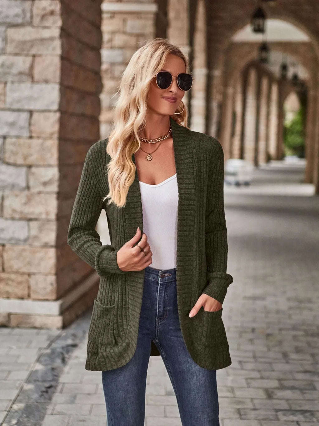 Ribbed Open Front Long Cardigan with Pockets 32c3356cf1ed46a1a0051fe2a044dd99-Max-Origin