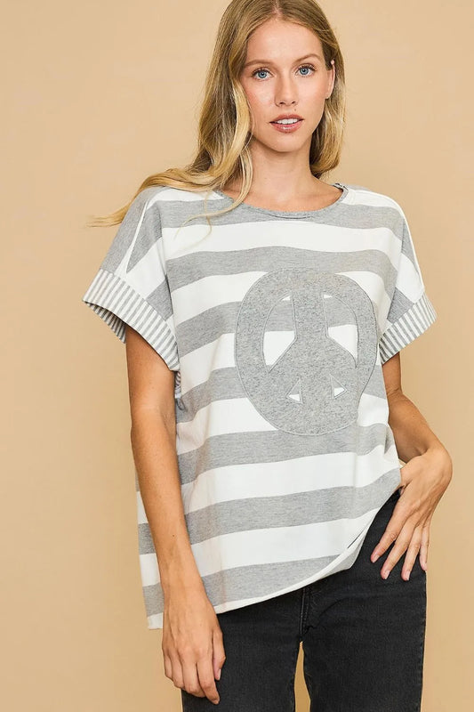 Peace Sign Patch Striped French Terry T-Shirt 32c53124-6306-468d-9108-ab49a477f7f0-Max