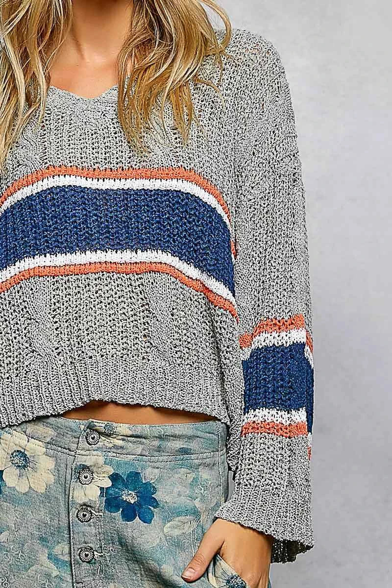 POL V-Neck Striped Pattern Cropped Knit Top with Cable Knit Detail 32c70672-fbf3-4807-98a7-703406600885-Max-Origin