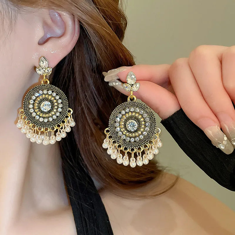 Rhinestone Alloy Bead Dangle Earrings White One Size 32c73701-4697-4b2e-b8d4-56fb9fa9124c-Max
