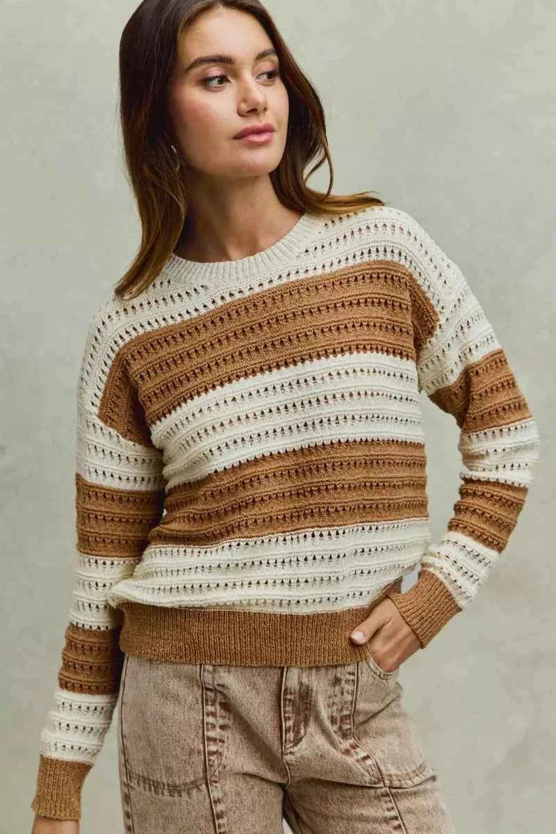 SO ME Openwork Round Neck Wide Stripe Textured Sweater 32cbbcf9be48478f80ef7d18efb42b7d-Max-Origin