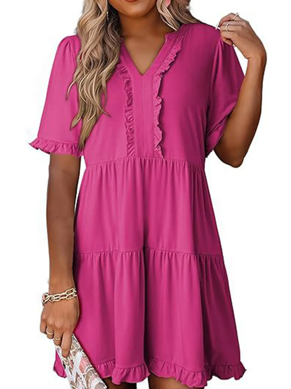 Tiered Notched Short Sleeve Mini Dress Hot Pink 32cdc575-4322-41b8-a89e-30b3606f8a1d-Max-Origin