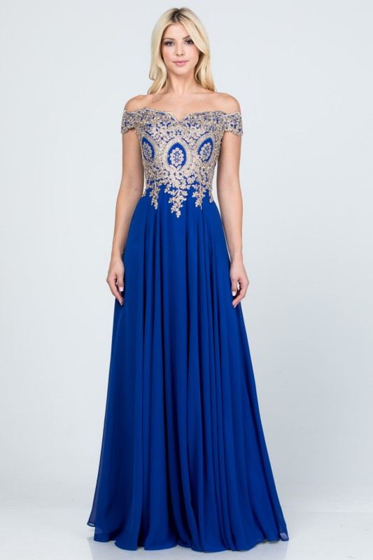 Off Shoulder Evening Gown – Gold Lace Appliqué Chiffon Dress for Women Royal 32cf484b-6f69-4a44-a5a2-578acb10c31a