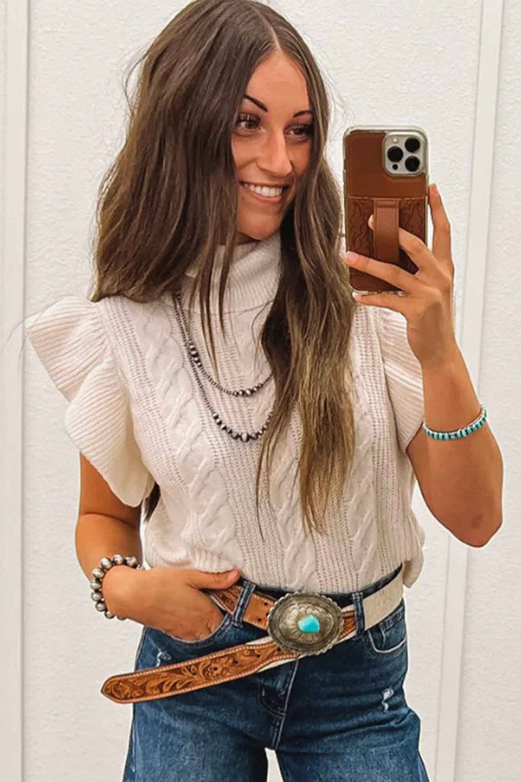 Tomato Red Cable Knit Turtleneck Ruffled Short Sleeve Sweater 32d472ead6712687