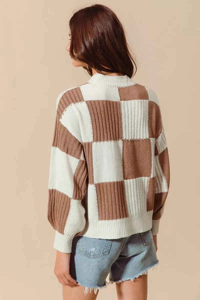 SO ME Ribbed Color Block Checkered Plaid Sweater 32d97cdb02f44135a348abe14a1aae33-Max-Origin