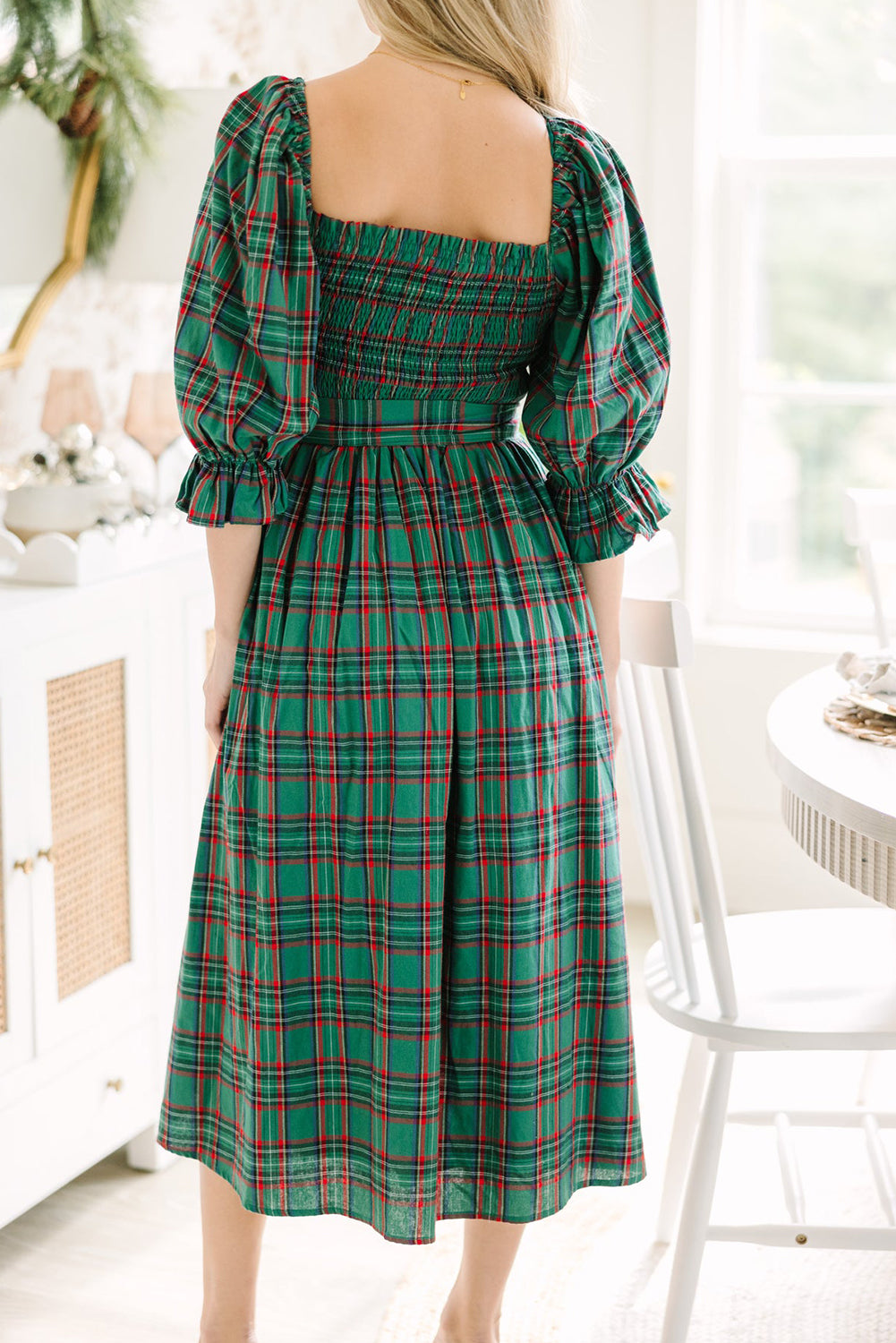 Green Plaid Square Neck Puff Sleeve Bowknot Waist Flared Midi Dress 32da0e198642cfce