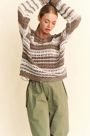 Contrast Striped Crochet Drop Shoulder Knit Cover Up Taupe 32de8b23-f9e9-4ae1-9163-9aafd666e9a4-Max
