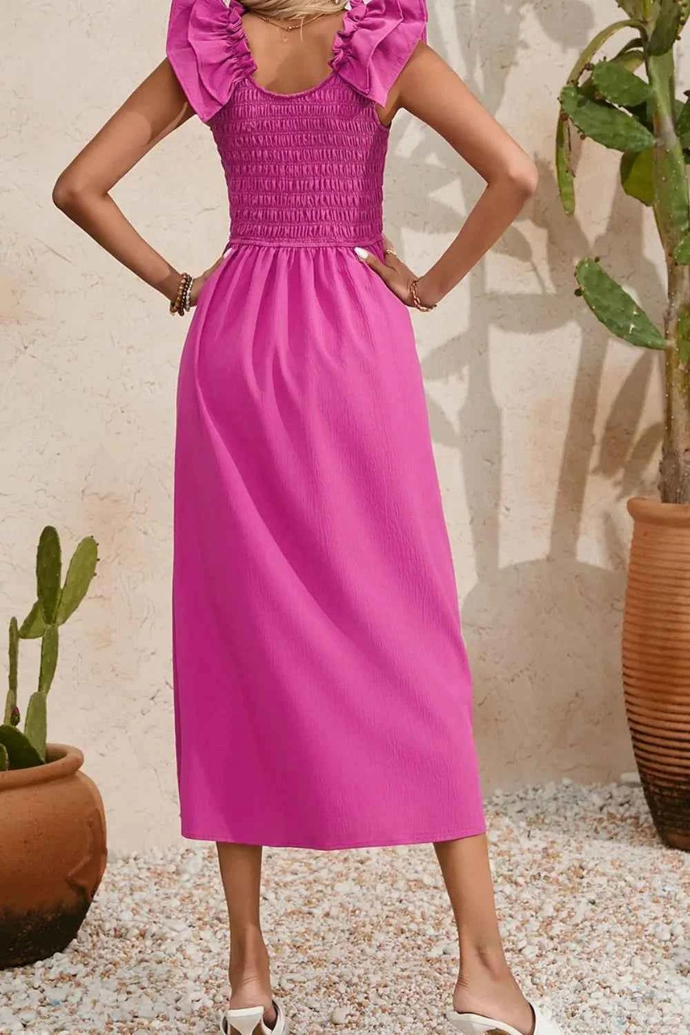 Solid Color Ruffled Straps Smocked Ruched Maxi Dress 32ded310-945c-4a6c-aebc-37e3cddbb691-Max-Origin