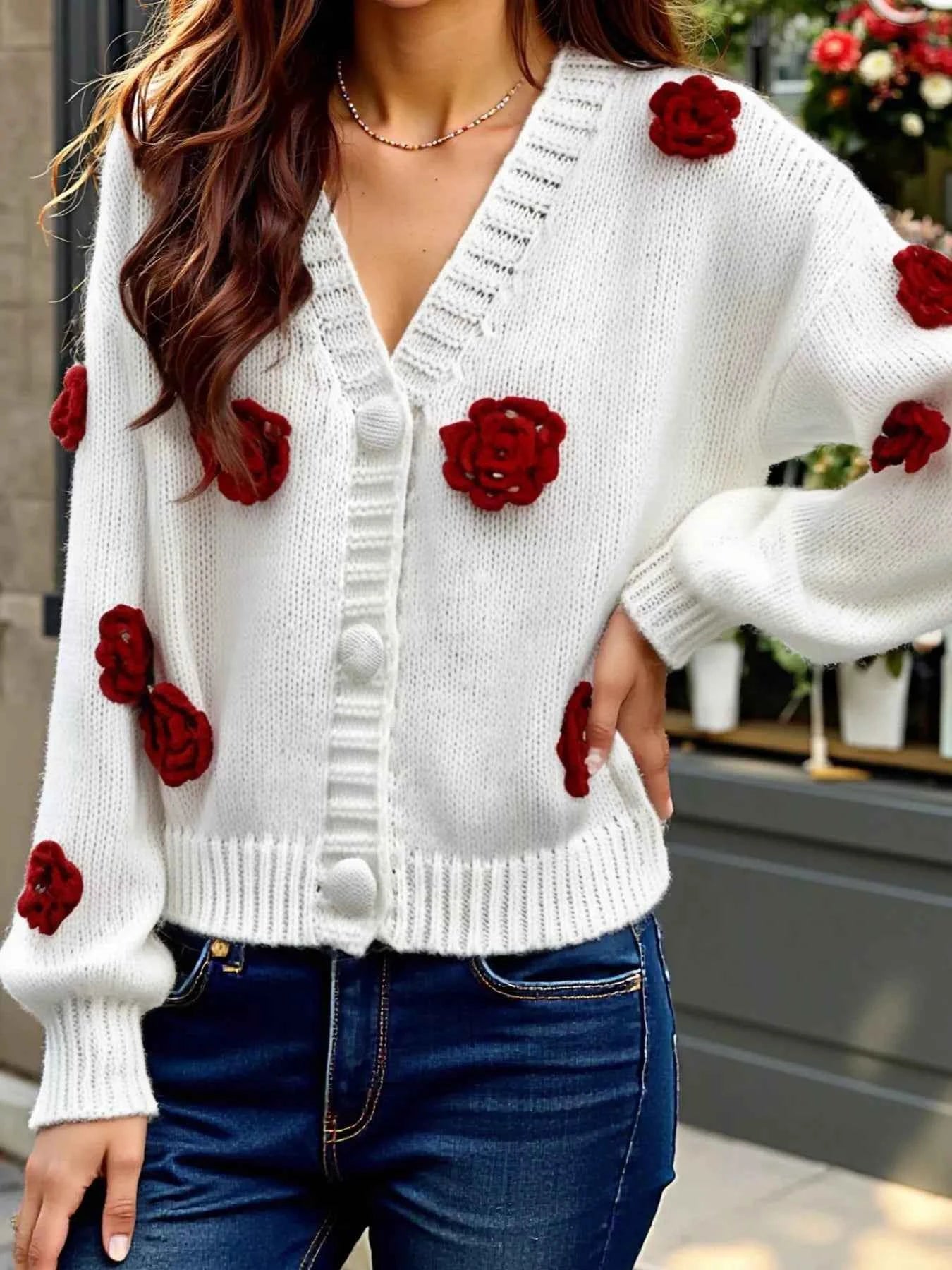 Rose Embellished V-Neck Cardigan 32df6a4d-9148-4660-9c14-008b6135d7db-Max-Origin