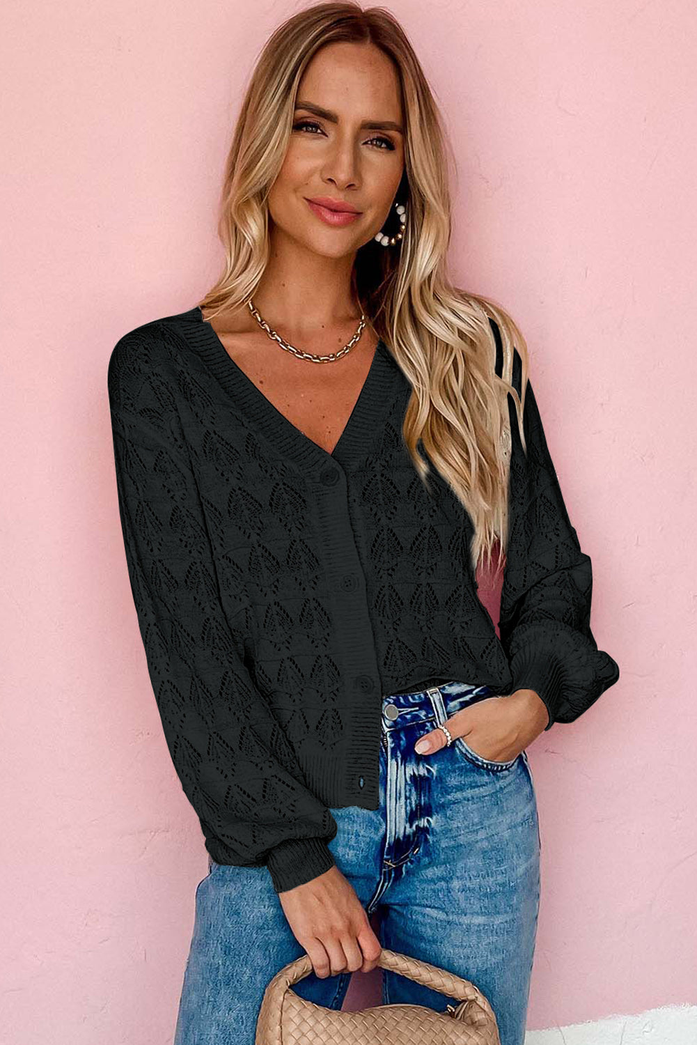 Black Lightweight Buttoned Front Crochet Cardigan 32e27b094422cb00