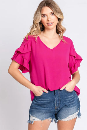 V-Neck Ruffle Trim Short Sleeve Blouse MAGENTA 32e8273e-78ca-4de4-a092-840de235e608-Max