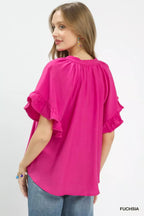 Umgee Ruffle Sleeve V-Neck Flutter Blouse 32eae970-4bea-47a9-b983-46881bb6e5a2-Max-Origin