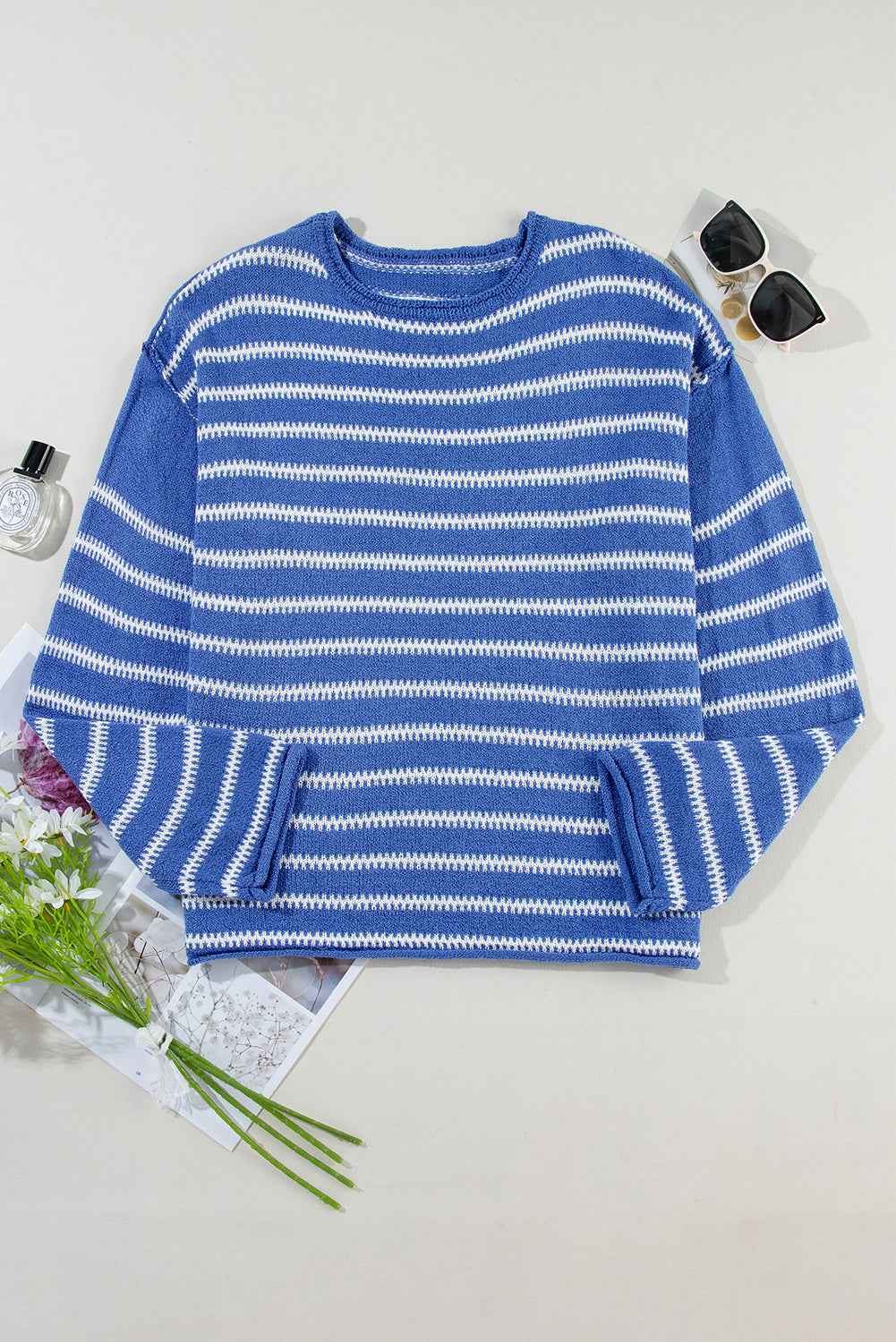 Green Stripe Casual Stripe Round Neck Drop Shoulder Sweater 32ed524a54605172