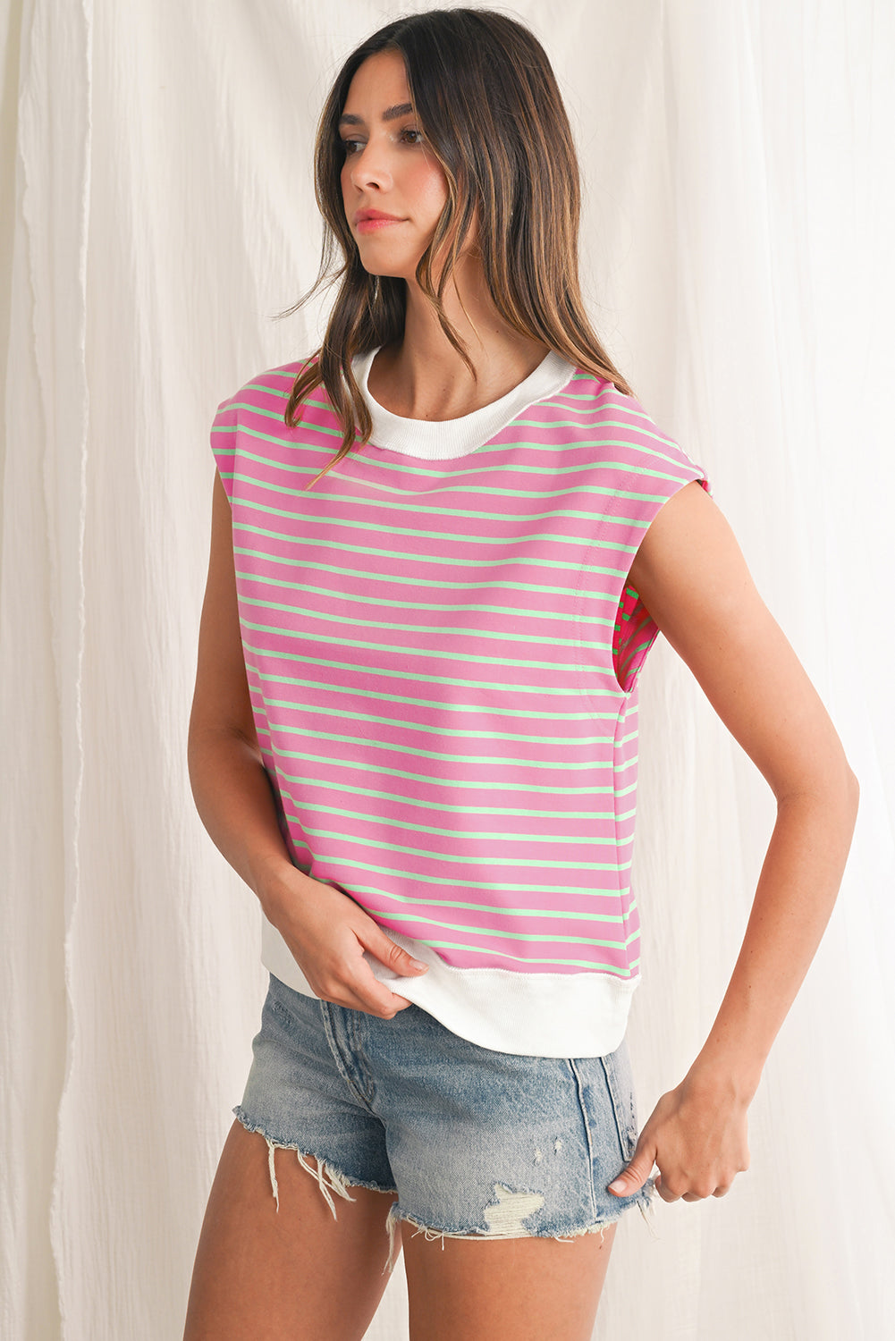 Sachet Pink Striped Contrast Trim Top 32fd31808a245807