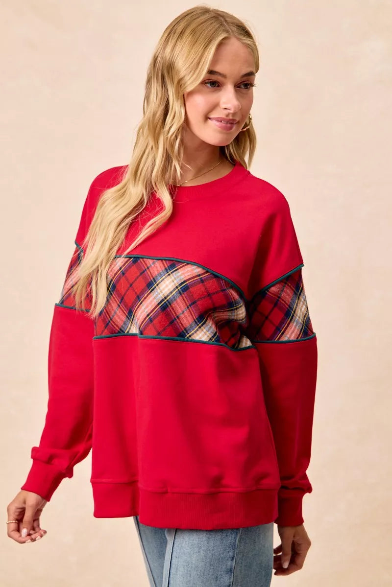 BiBi Christmas Theme Plaid Block Sweatshirt with Binding 32feffd67dca477c93f57db965246738-Max-Origin