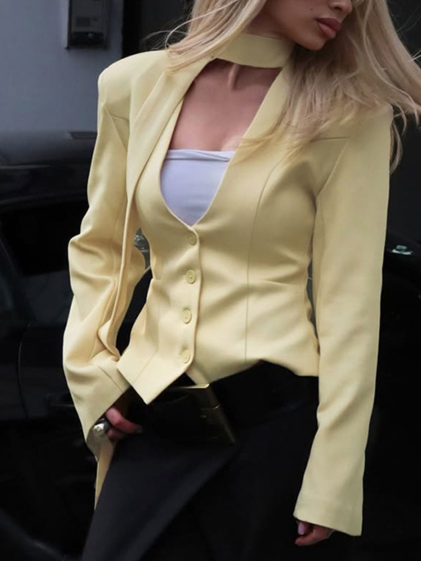 Button Up Long Sleeve Blazer Pastel Yellow 33033a85-02b2-4168-8d4d-16f021ebeab8-Max