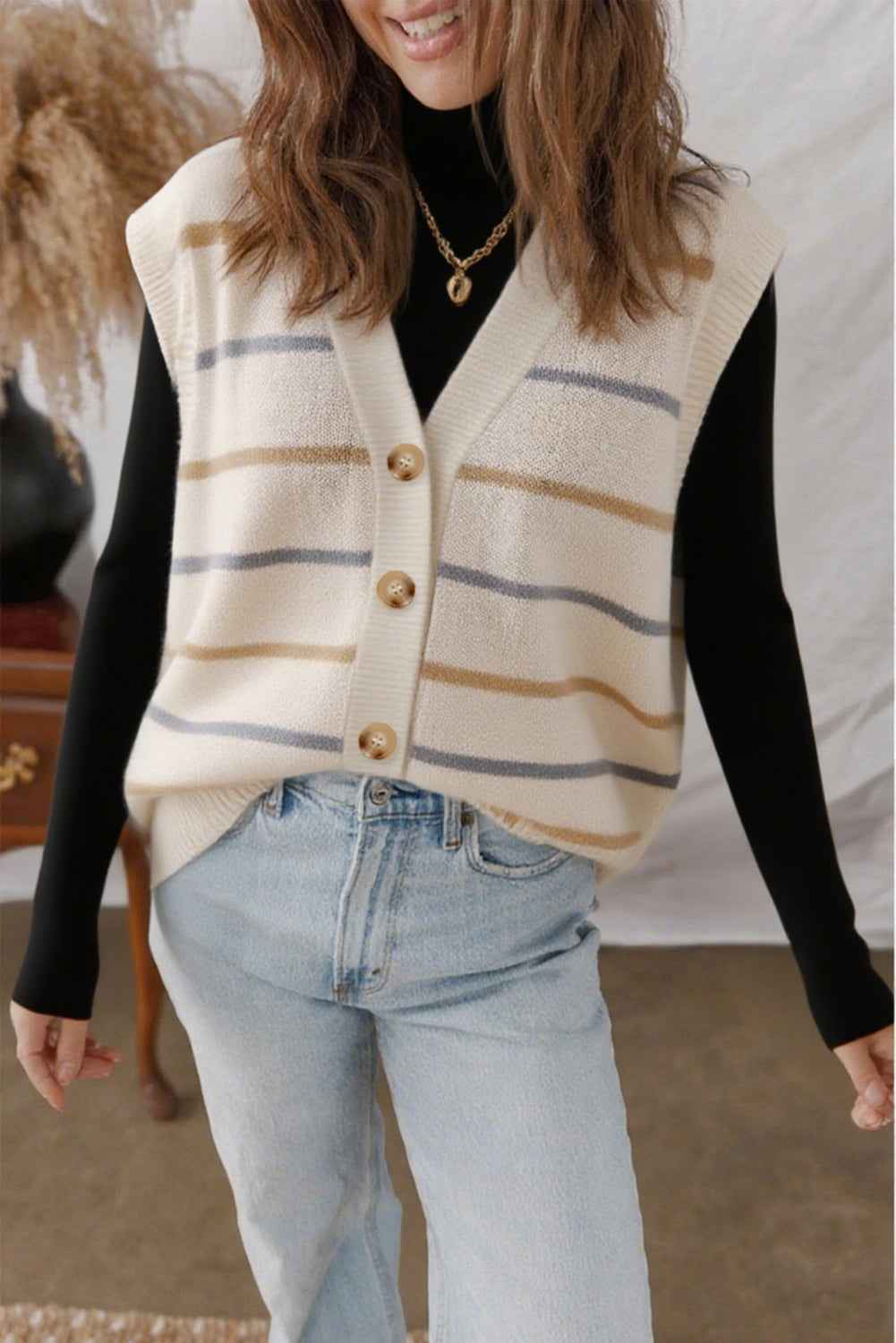 Multicolour Striped Print Button V Neck Knit Vest Multicolour 100%Acrylic 33073749d553fbc3