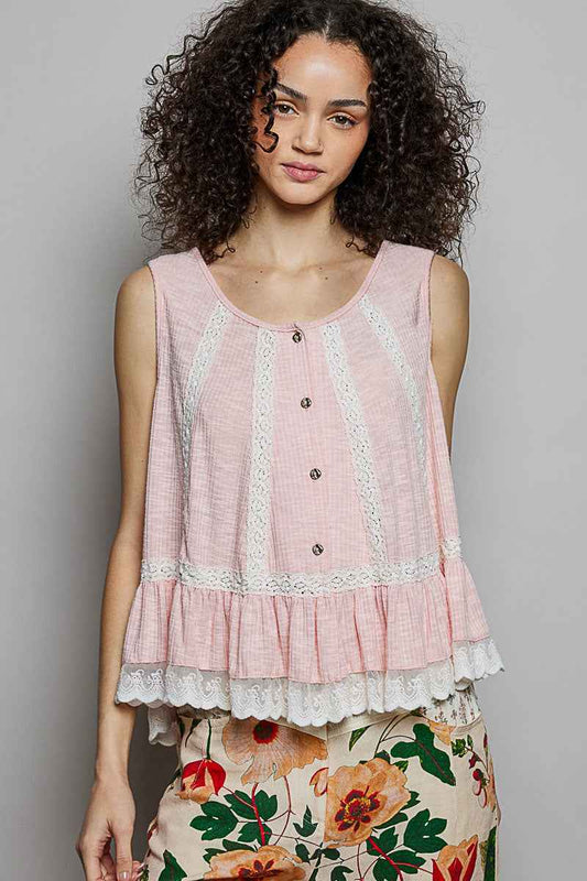 POL Lace Trim Ruffle Hem Button Detail Round Neck Sleeveless Top BLUSH PINK 3307eb48-12c5-4dec-8407-e85cede05a88-Max