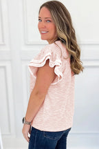 Light Pink Twilled Print Lace Trim Ruffled Short Sleeve Blouse 33081f0c1ee21770