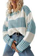 Light Blue Two Tone Striped Patchwork Drop Shoulder Sweater Light Blue 55%Acrylic+45%Cotton 3310473f473e6500