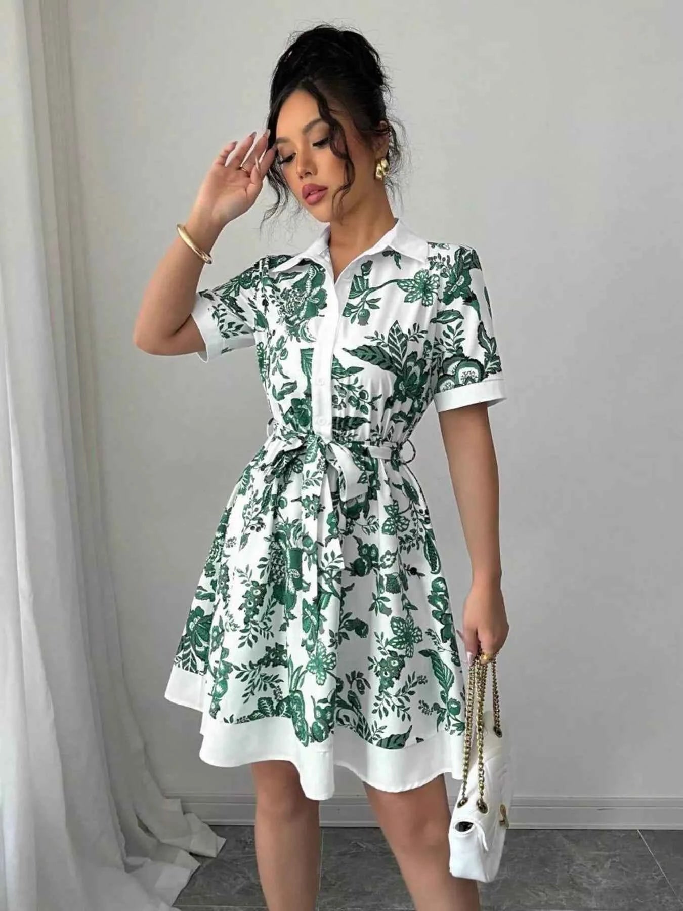 Floral Print Button-Front Shirt Dress Green 331242cdcedb4fd8b54c96ea89fd5b7d-Max-Origin