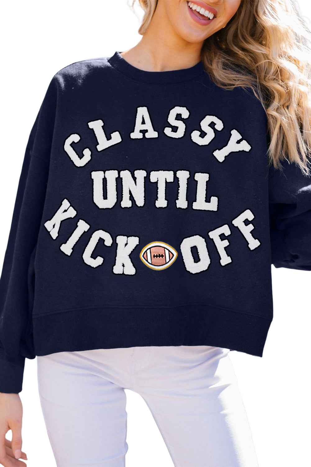 Black CLASSY UNTIL KICKOFF Plush Letter Patched Loose Sweatshirt 3315fe2ec0a298e6