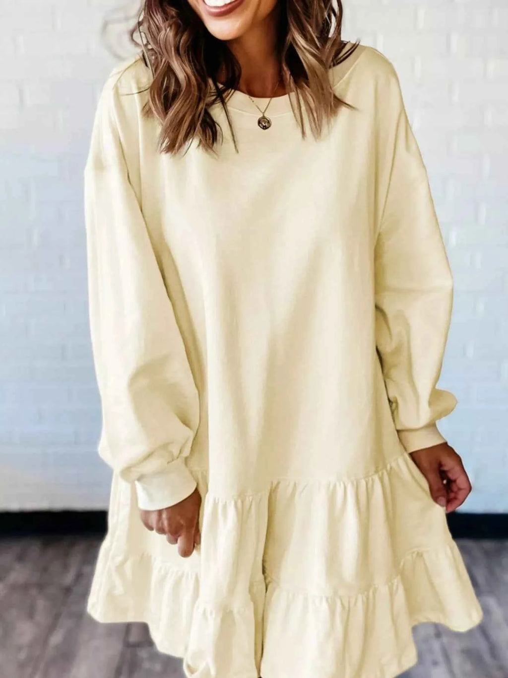Double Tiered Ruffle Hem Long Sleeve Loose Mini Dress 3318ce67-2048-49ab-a571-eb435e0a945f-Max-Origin