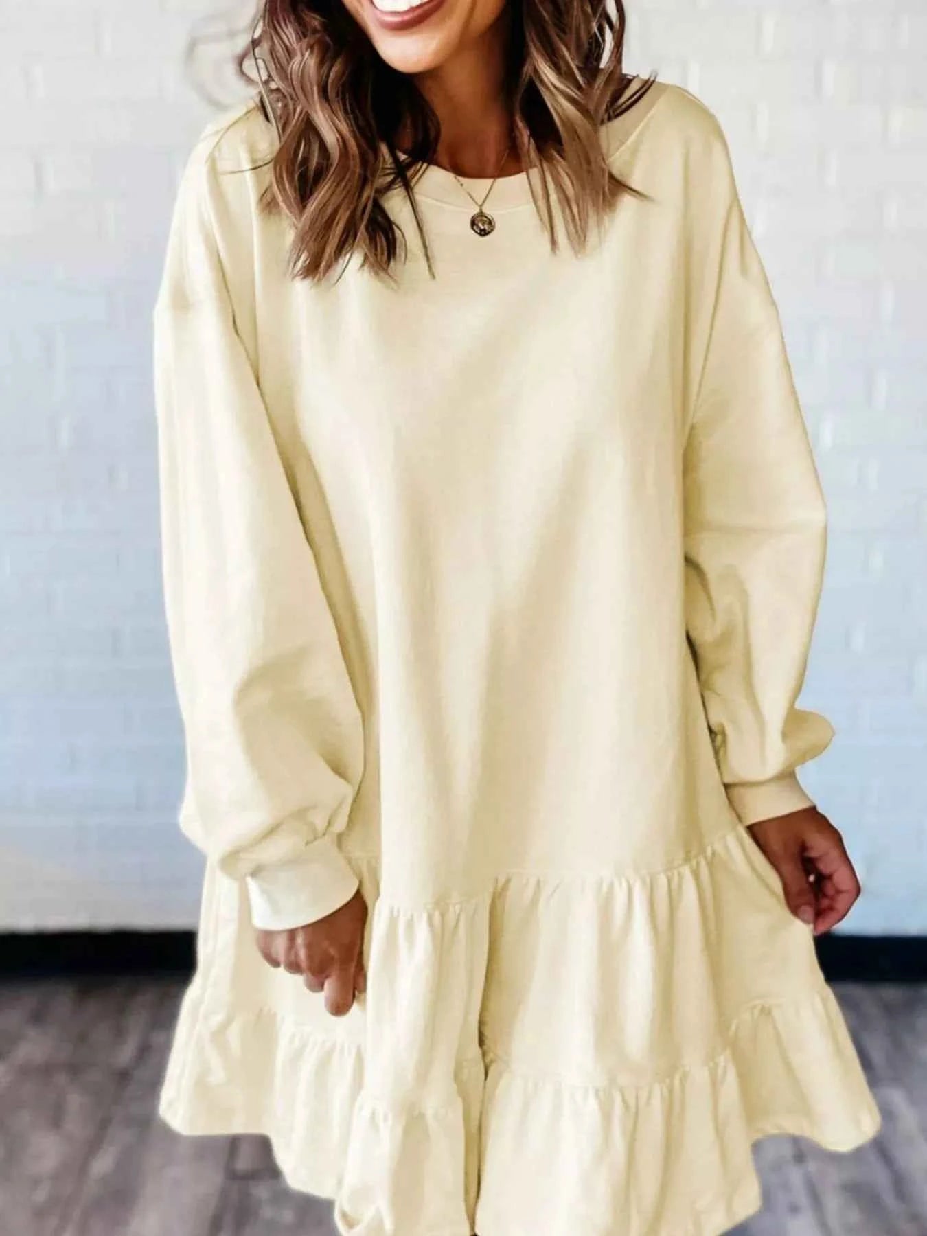 Double Tiered Ruffle Hem Long Sleeve Loose Mini Dress 3318ce67-2048-49ab-a571-eb435e0a945f-Max-Origin