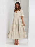Tiered Surplice Half Sleeve Midi Dress Beige 3318fa8c-7aa3-458b-be47-bd7f73b4620e-Max-Origin