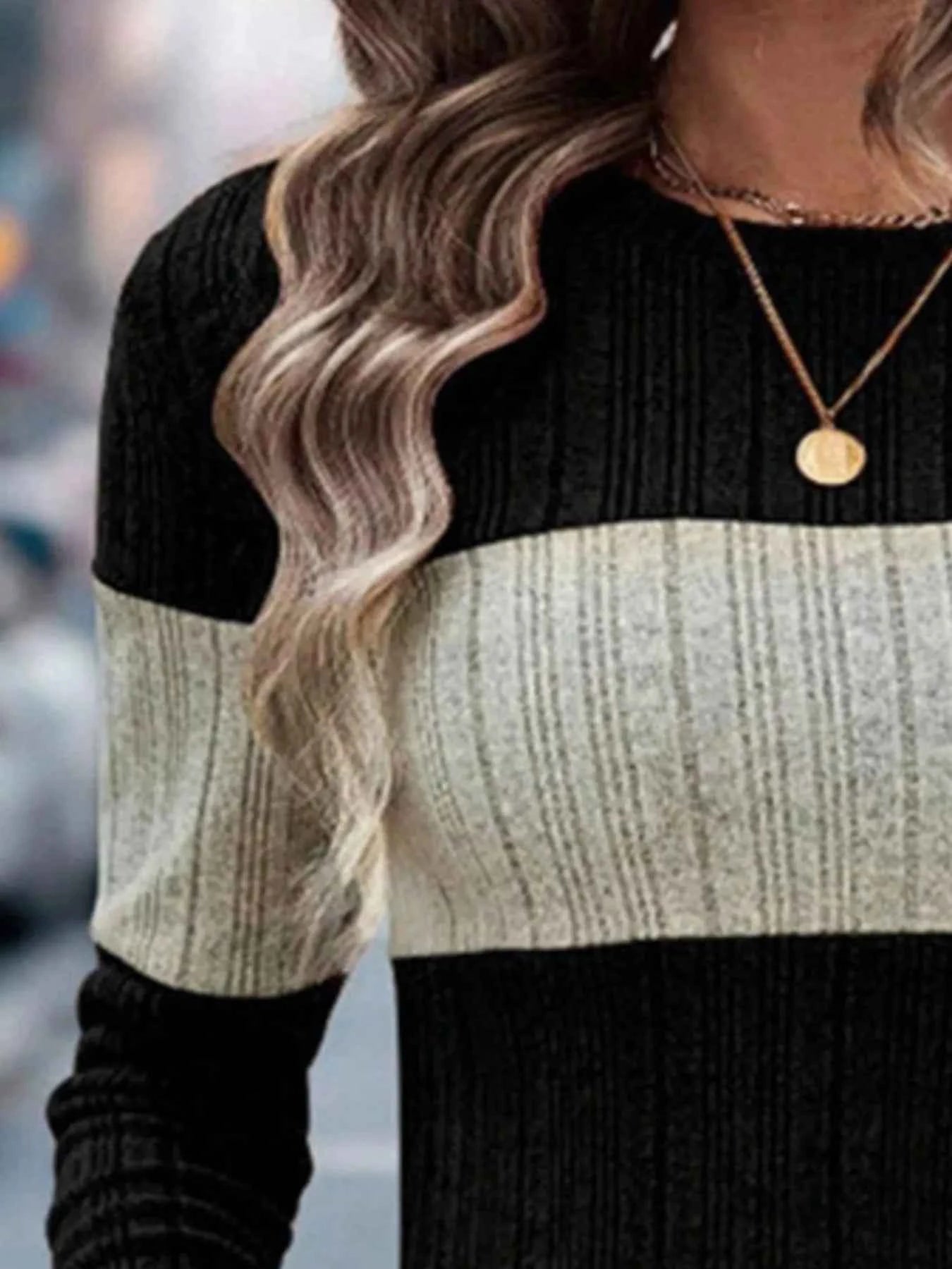 Color Block Round Neck Long Sleeve Sweater 331fd648-c811-4019-a7f4-739de21f7f62-Max-Origin