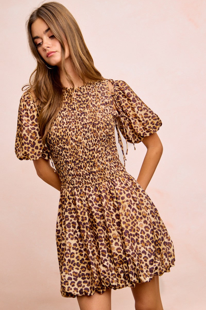 BiBi Leopard Bow Tie Attachable Puff Sleeves Dress LEOPARD 33206a22645d4033a3b9300602258981-Max