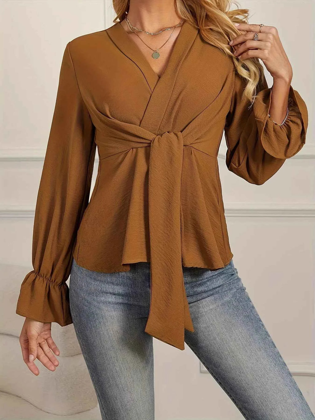 Knot Front Long Sleeve Blouse 3321b21153b9499abc7384ed8ee5c8f6-Max-Origin