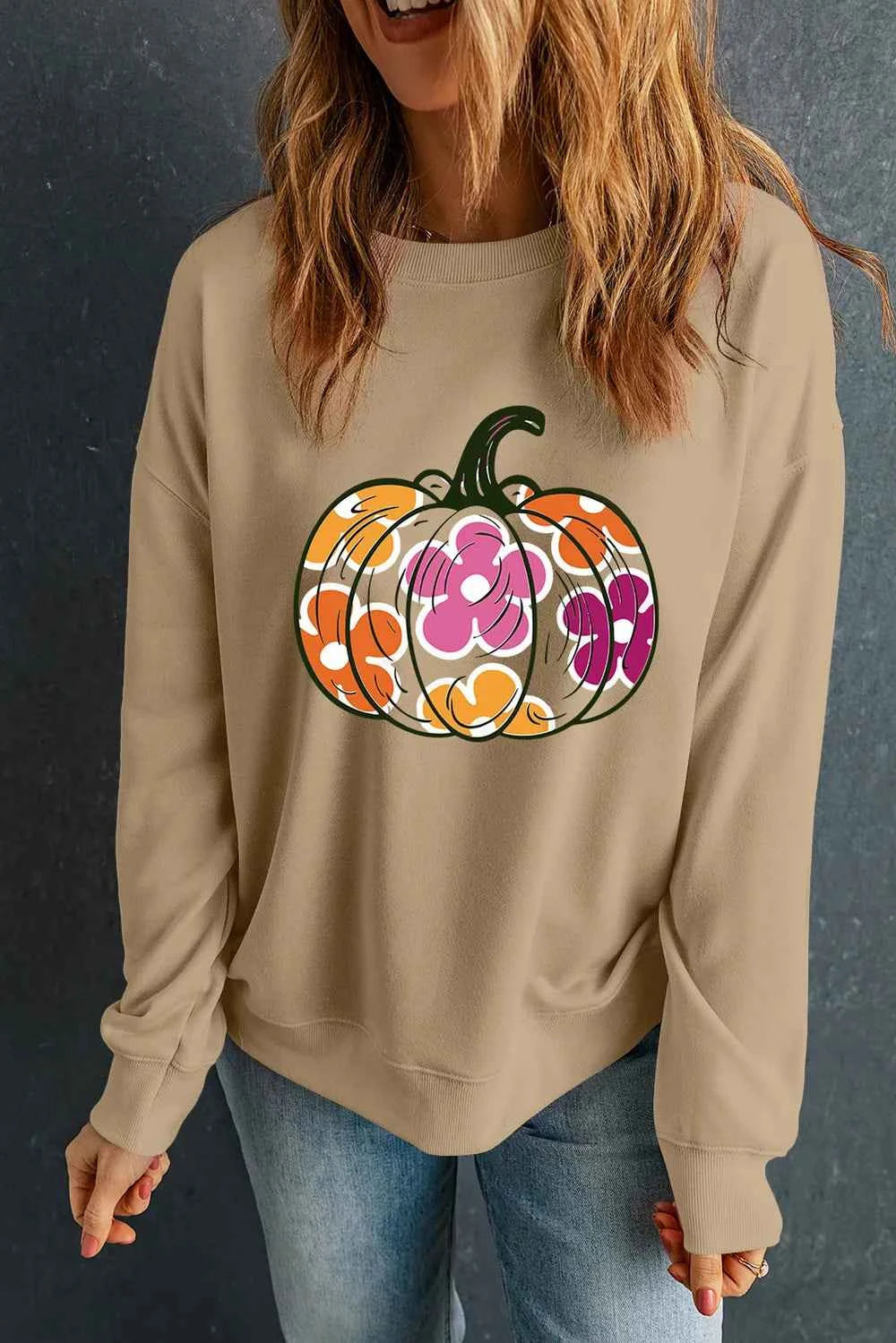 Pumpkin & Flower Graphic Long Sleeve Sweatshirt Khaki 33235b84-0dc4-48bd-8f10-6d41a7a9c135-Max