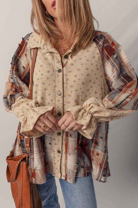 Boho Floral Plaid Patchwork Ruffle Sleeve Waffle S 3326aed6-7c54-4cd6-b4e5-c83c7c308b5b