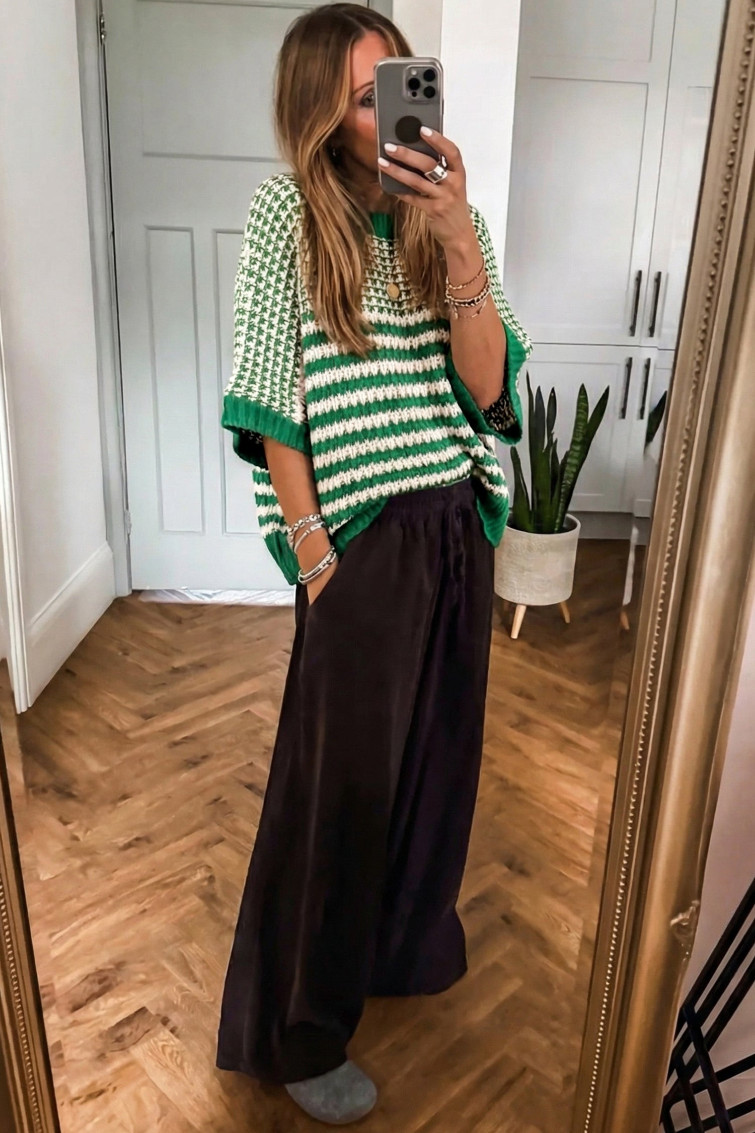 Green Stripe 3/4 Draped Sleeve Slouchy Sweater 332c156b39611710