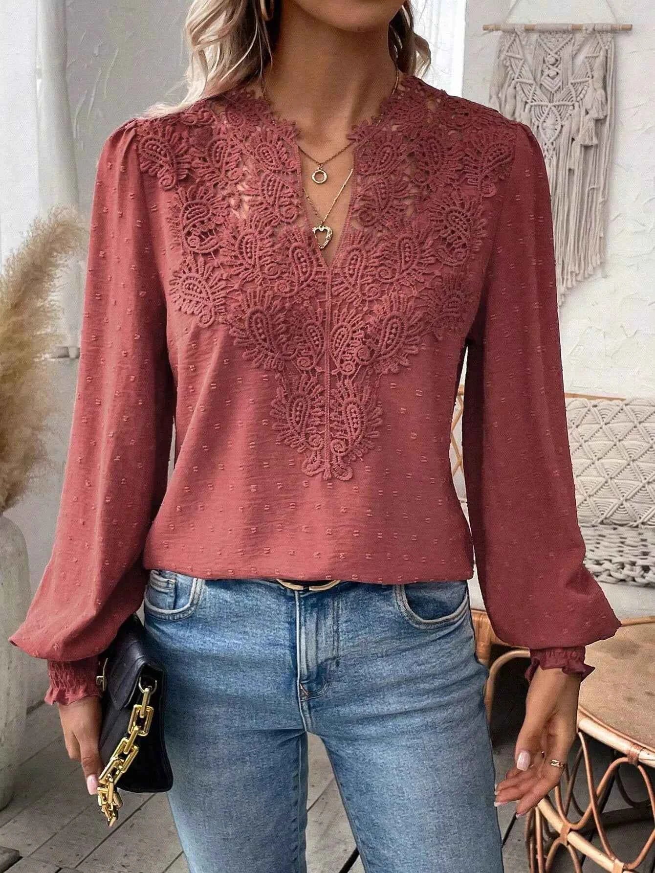 Swiss Dot Lace Detail Long Sleeve Blouse Rust 332c4561-5a46-4320-a2f6-1c79c4f64a06-Max-Origin